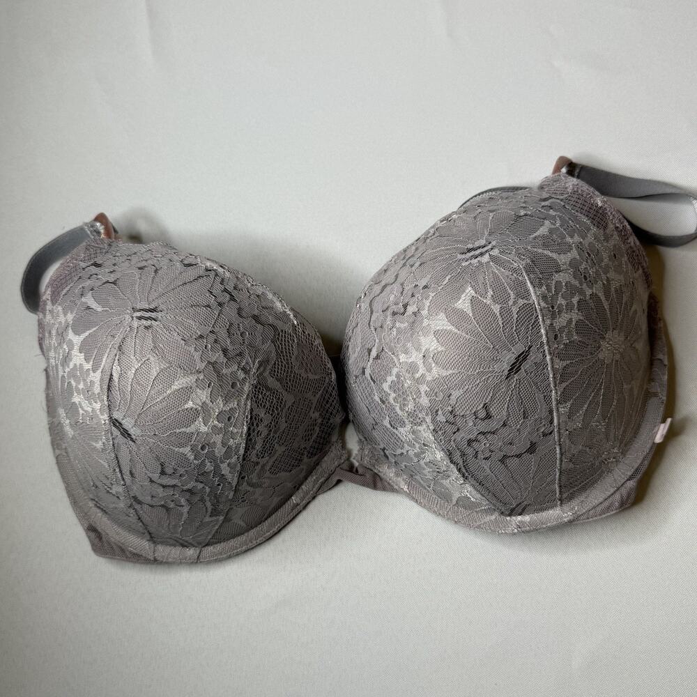 Victoria Secret Push-Up Lace Bra Size 34DDD Lavender Gray Mesh Sides Straps - Picture 4 of 12